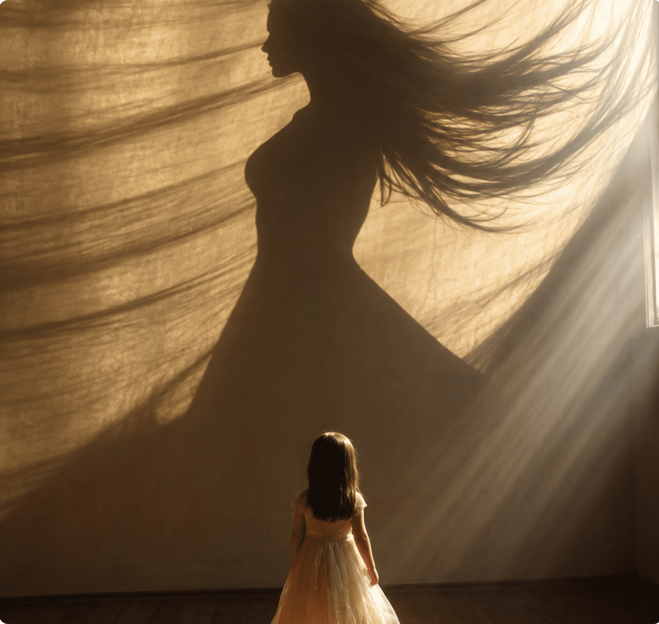 A young girl looking up at a silhouette of a woman in golden light